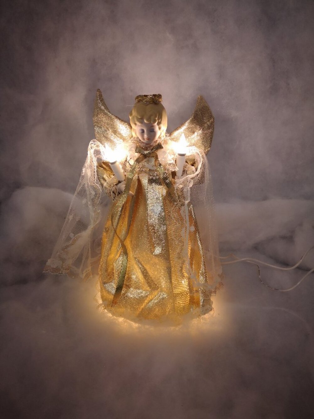 Universal Lites Illuminated Porcelain Angel Tree Topper 10 Lights Gold Gown